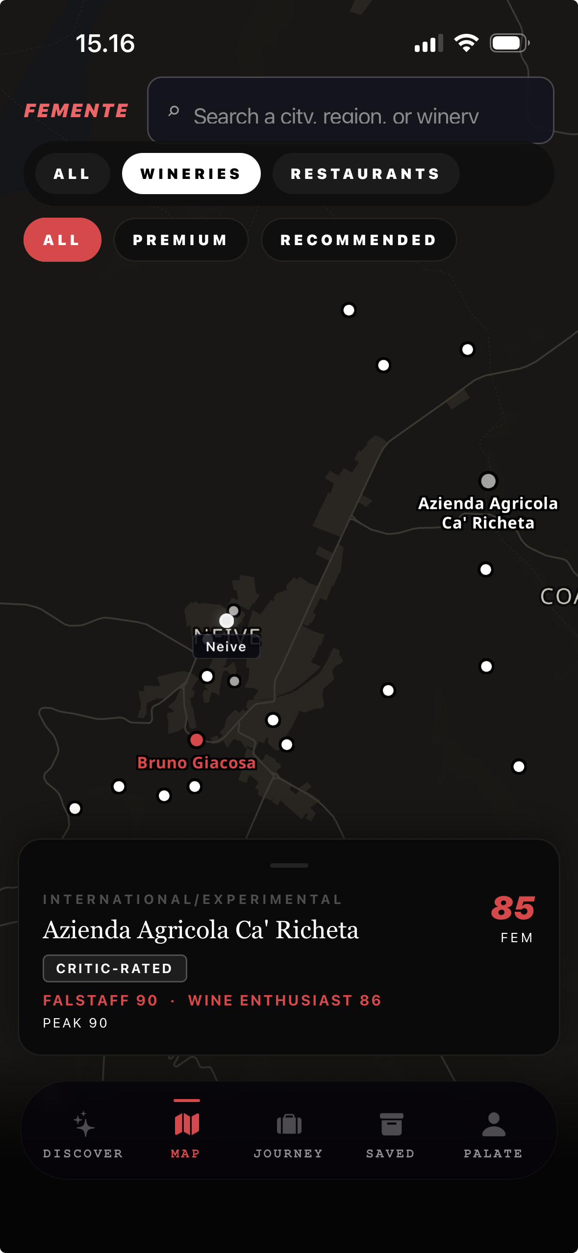 Femente map — wineries near you, ranked by critics